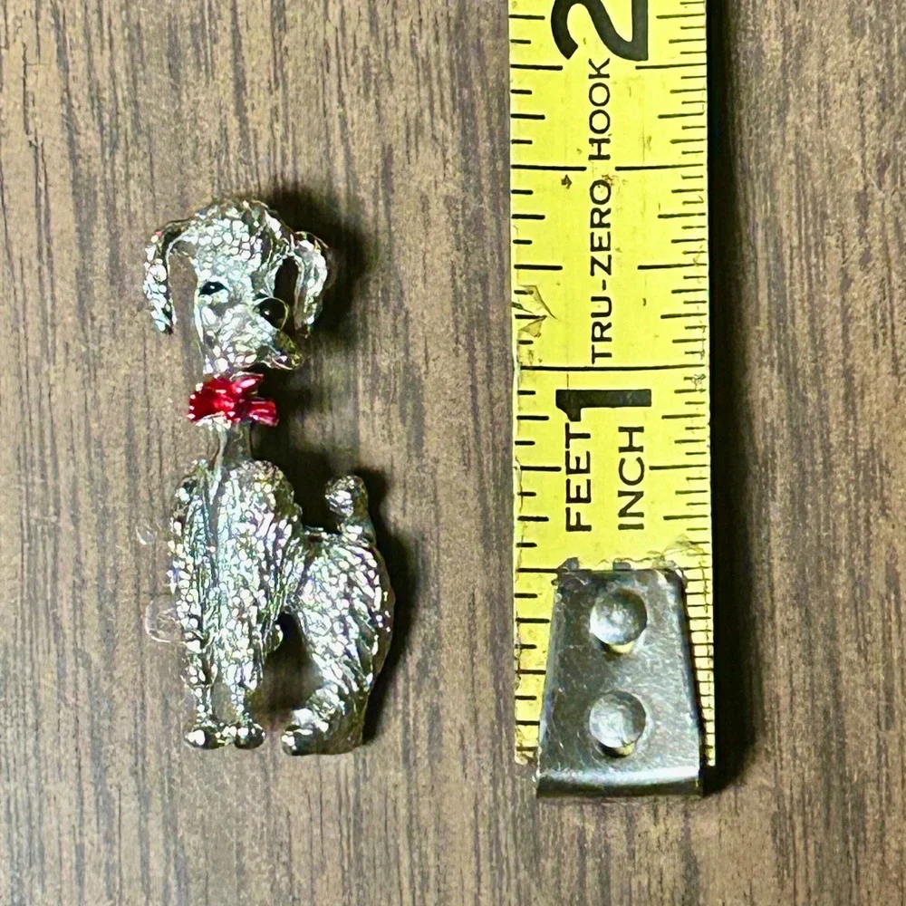 Vintage Poodle Brooch Silver Tone Red Enamel Bow Textured Dog Pin 1.75in
